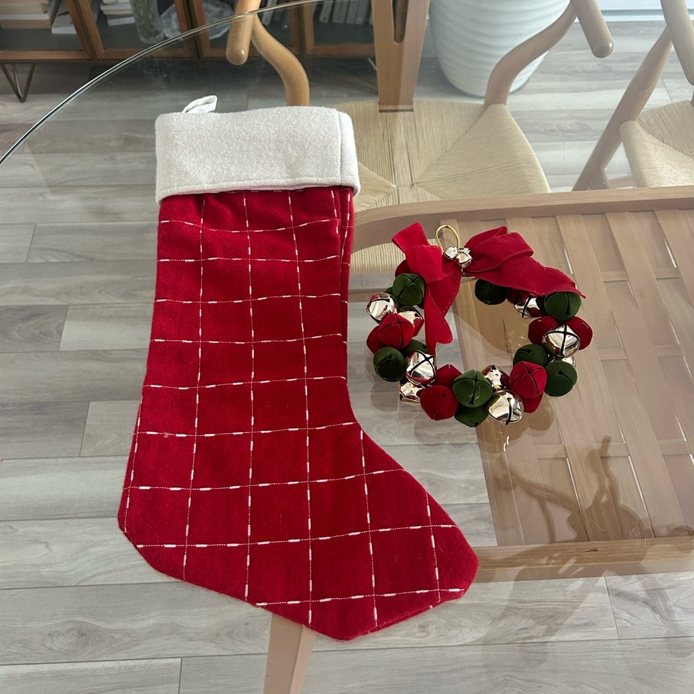 Red Plaid Christmas Stocking & Bells